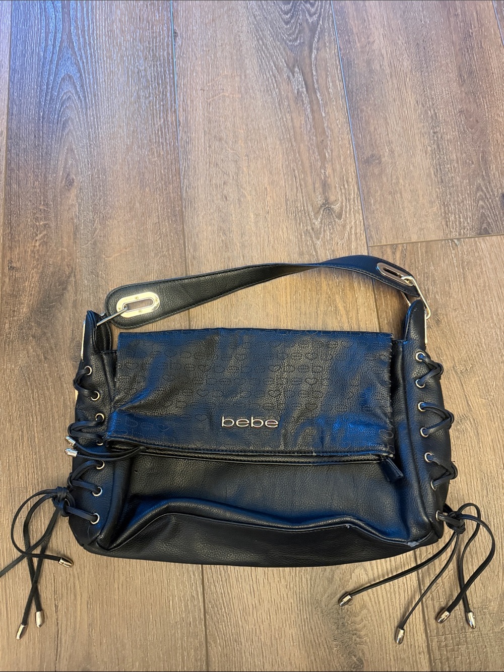 bebe Black Lace-Up Shoulder Bag with Gold Logo